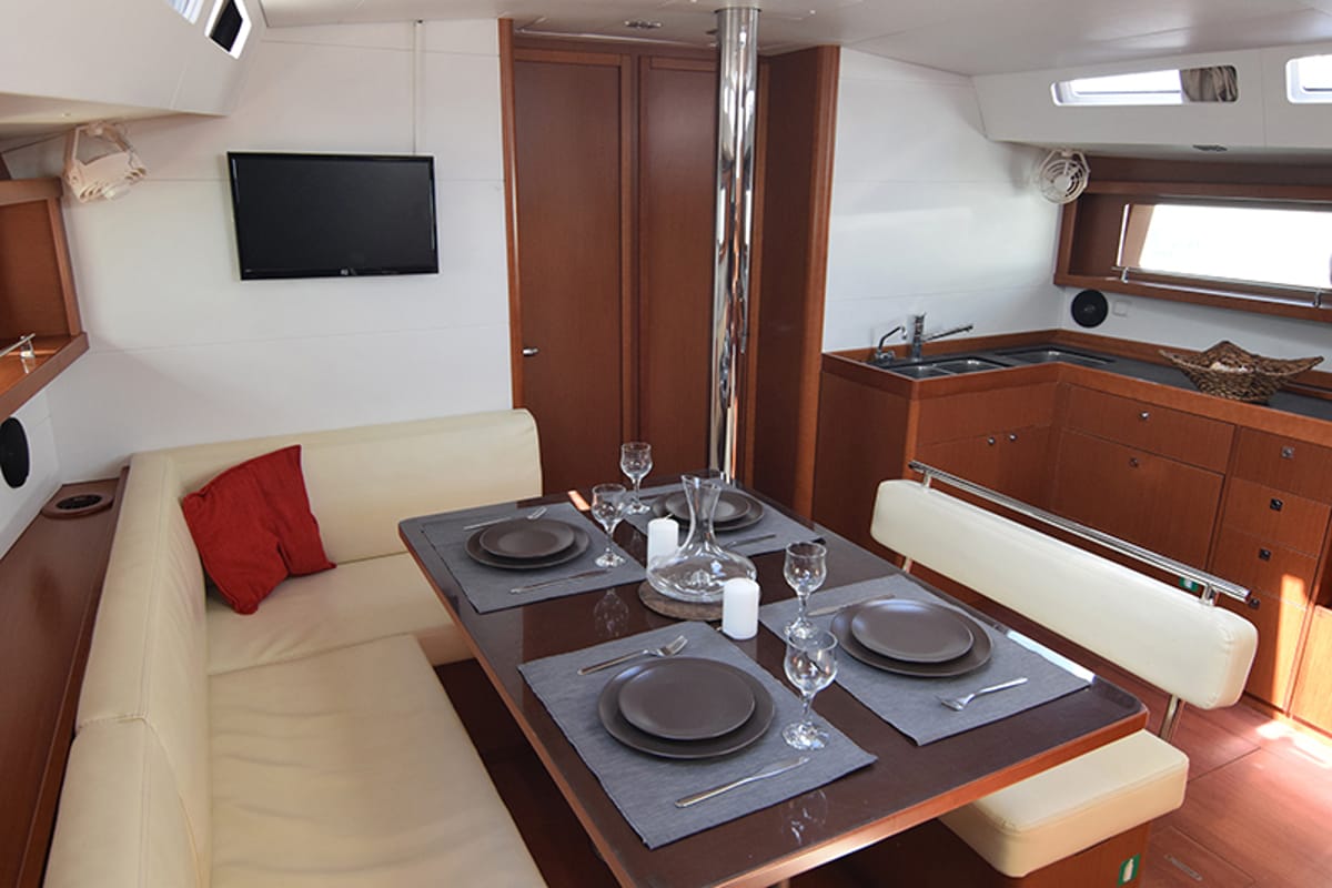 Salon of Butterfly, a Beneteau Oceanis 48 sailboat at Gouvia, Greece