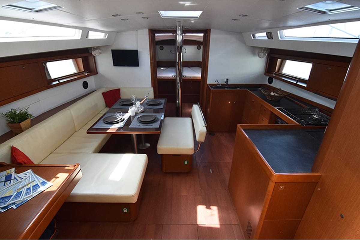 Salon of Butterfly, a Beneteau Oceanis 48 sailboat at Gouvia, Greece