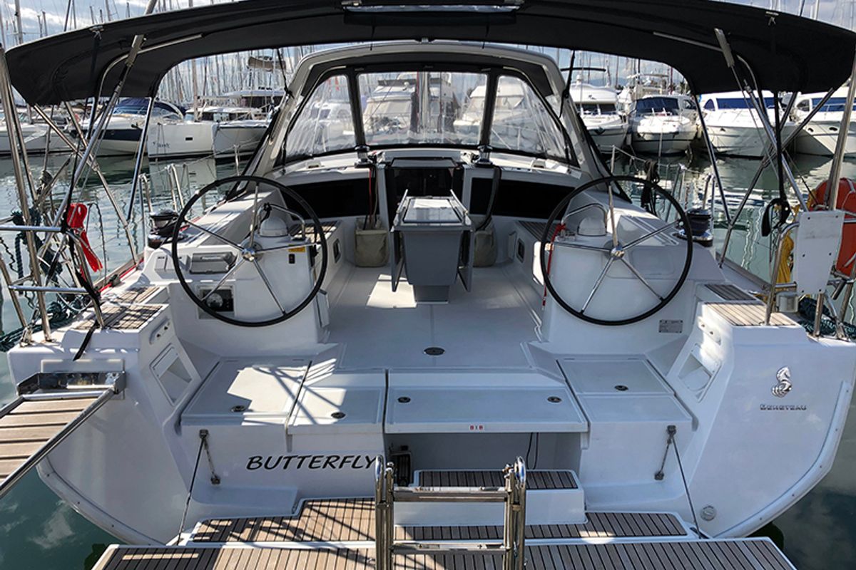 Deck of Butterfly, a Beneteau Oceanis 48 sailboat at Gouvia, Greece