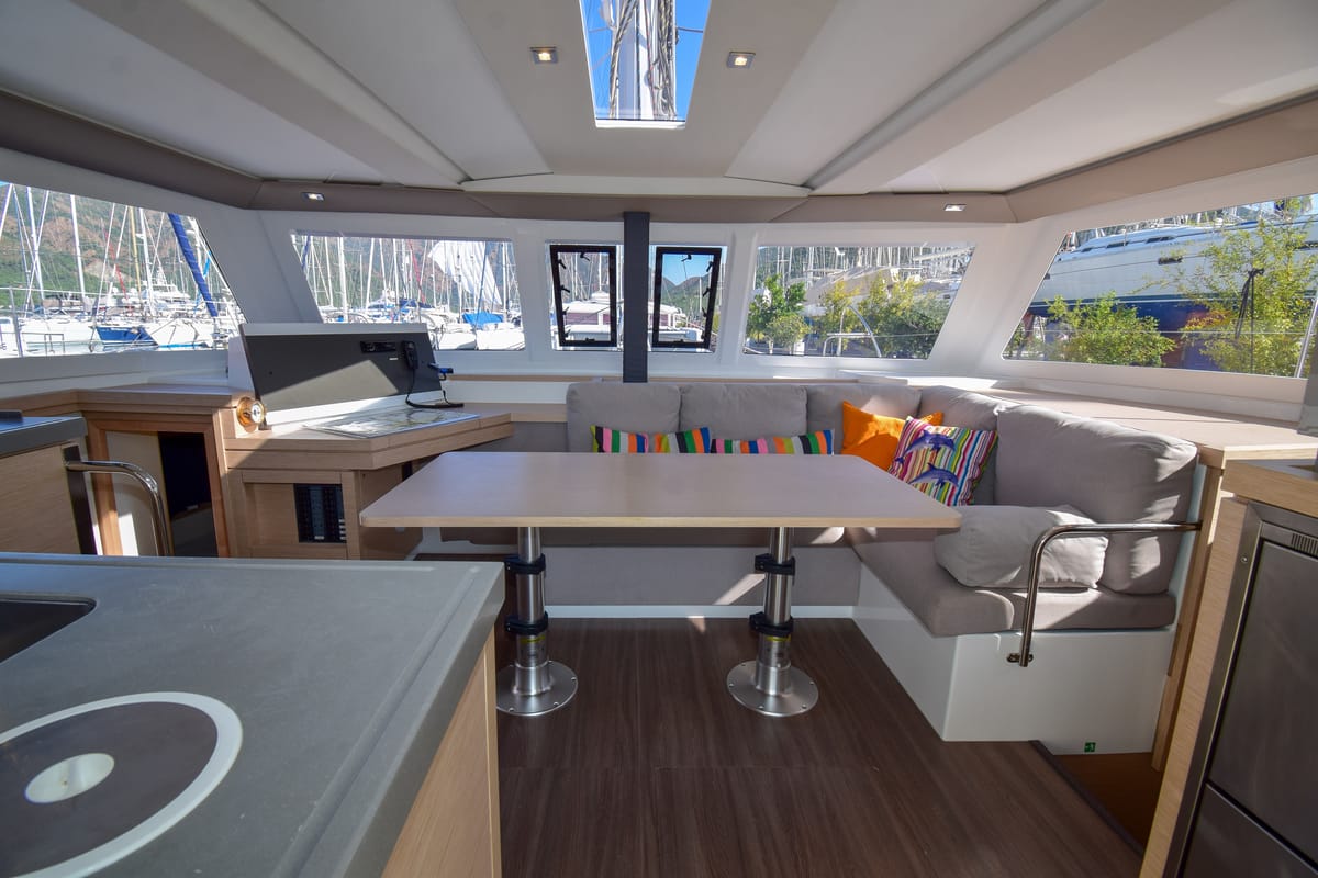 Salon of Coco D, a Fountaine Pajot Lucia 40 catamaran at Marmaris, Turkey