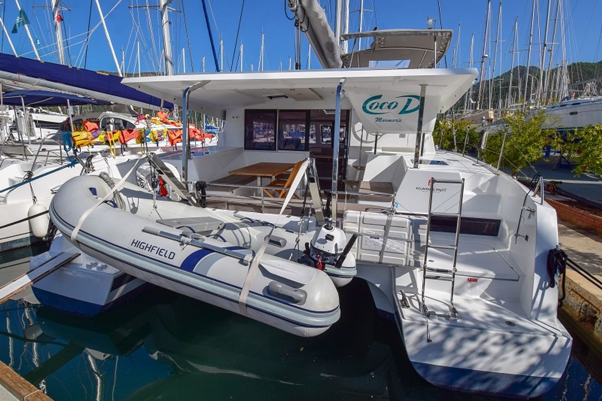 Exterior view of Coco D, a Fountaine Pajot Lucia 40 catamaran at Marmaris, Turkey