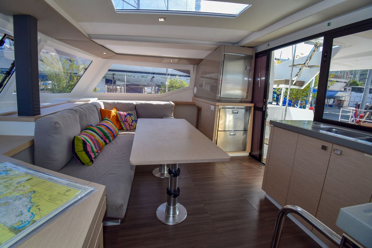 Salon of Coco D, a Fountaine Pajot Lucia 40 catamaran at Marmaris, Turkey