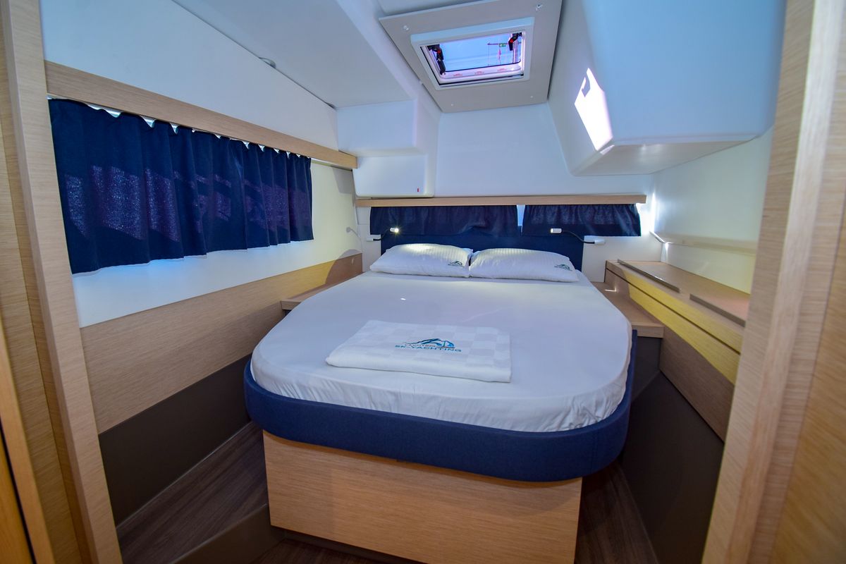 Cabin on Coco D, a Fountaine Pajot Lucia 40 catamaran at Marmaris, Turkey