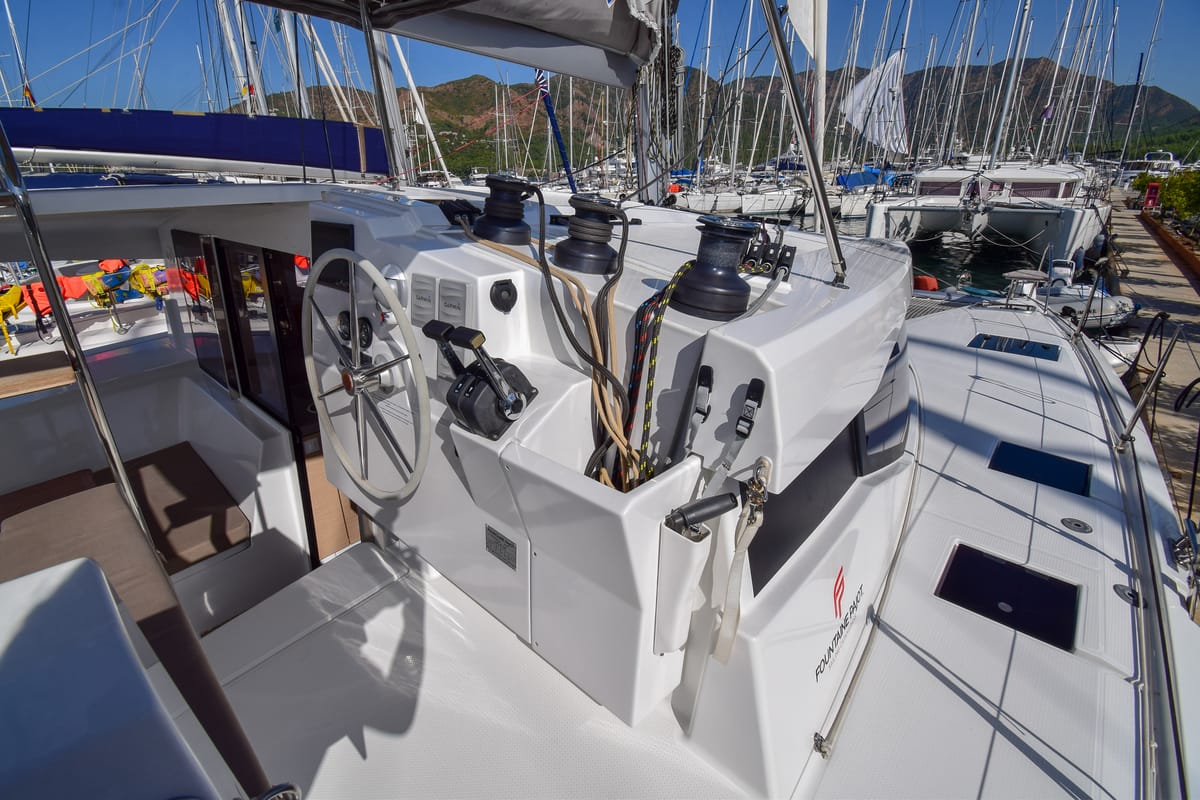 Cockpit of Coco D, a Fountaine Pajot Lucia 40 catamaran at Marmaris, Turkey