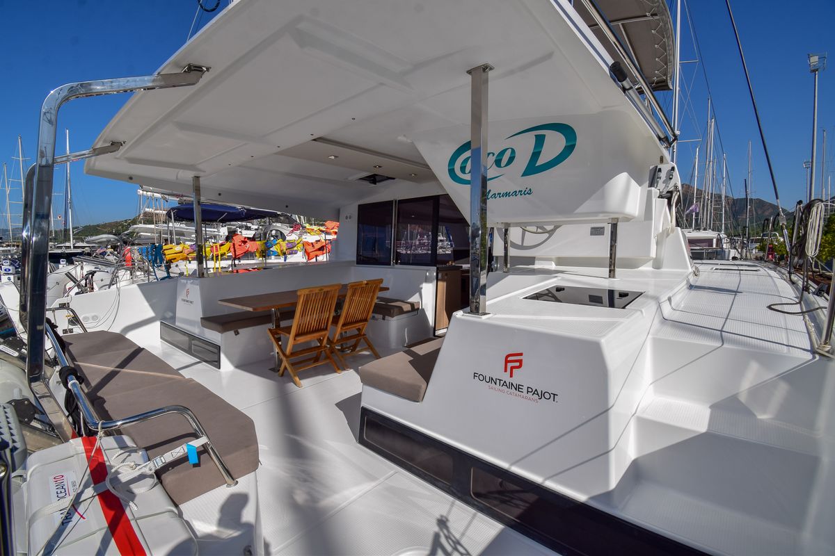 Deck of Coco D, a Fountaine Pajot Lucia 40 catamaran at Marmaris, Turkey