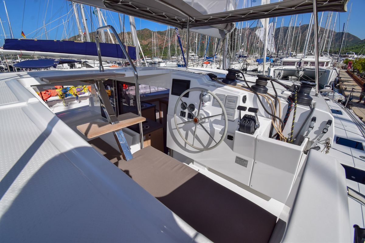 Cockpit of Coco D, a Fountaine Pajot Lucia 40 catamaran at Marmaris, Turkey