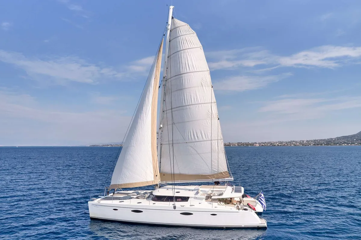 World's End, a Fountaine Pajot Galathea 65 catamaran at Municipal Unit of Nea Peramos, Greece