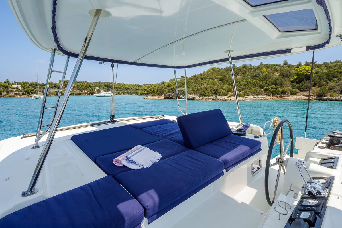Cockpit of Zanga, a Lagoon 46 catamaran at Municipal Unit of Kranidi, Greece
