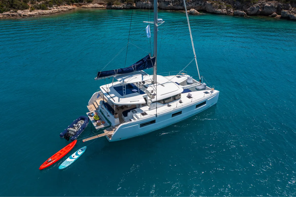 Exterior view of Zanga, a Lagoon 46 catamaran at Municipal Unit of Kranidi, Greece
