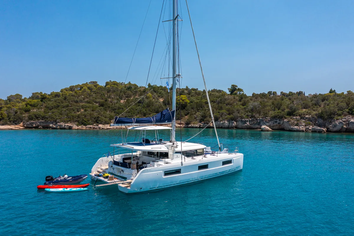 Exterior view of Zanga, a Lagoon 46 catamaran at Municipal Unit of Kranidi, Greece