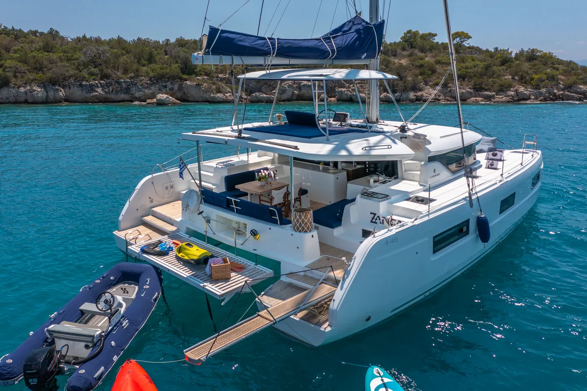 Exterior view of Zanga, a Lagoon 46 catamaran at Municipal Unit of Kranidi, Greece