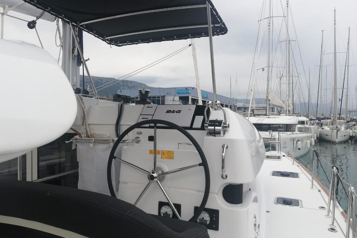 Cockpit of Adriana, a Lagoon 40 catamaran at Dubrovnik, Croatia