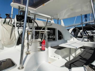 Cockpit of Ploto, a Lagoon 380 catamaran at Vibo Valentia, Italy