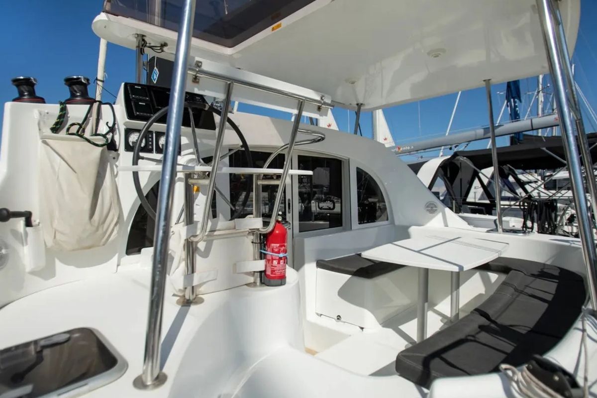 Cockpit of Ploto, a Lagoon 380 catamaran at Vibo Valentia, Italy