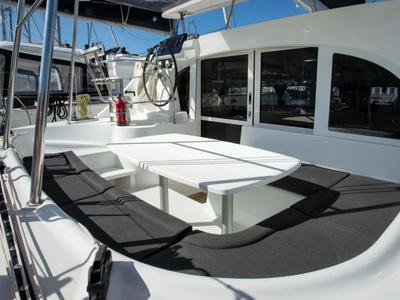 Deck of Ploto, a Lagoon 380 catamaran at Vibo Valentia, Italy
