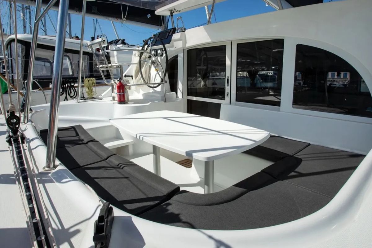 Deck of Ploto, a Lagoon 380 catamaran at Vibo Valentia, Italy