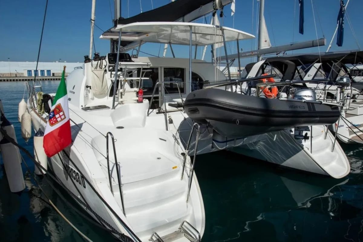 Exterior view of Ploto, a Lagoon 380 catamaran at Vibo Valentia, Italy