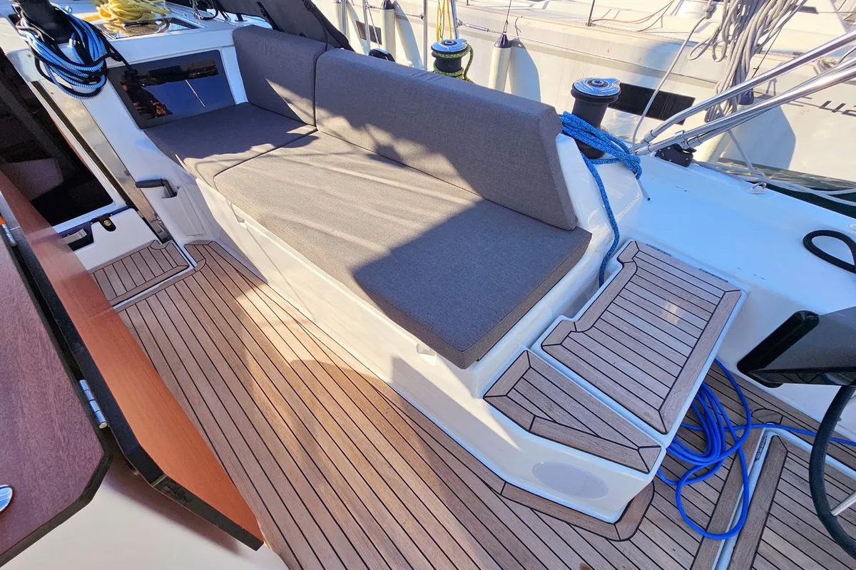 Deck of Adagio, a Dufour 44 sailboat at Grad Kaštela, Croatia
