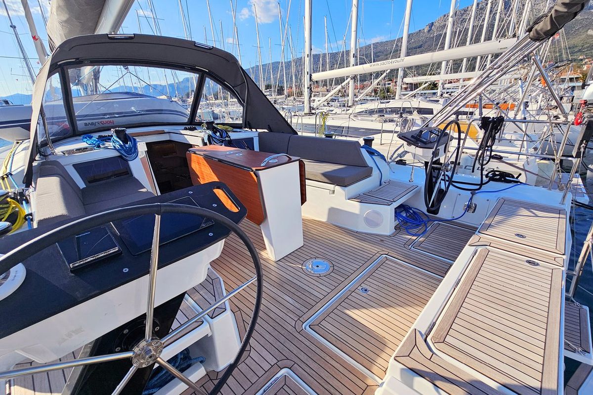 Cockpit of Adagio, a Dufour 44 sailboat at Grad Kaštela, Croatia