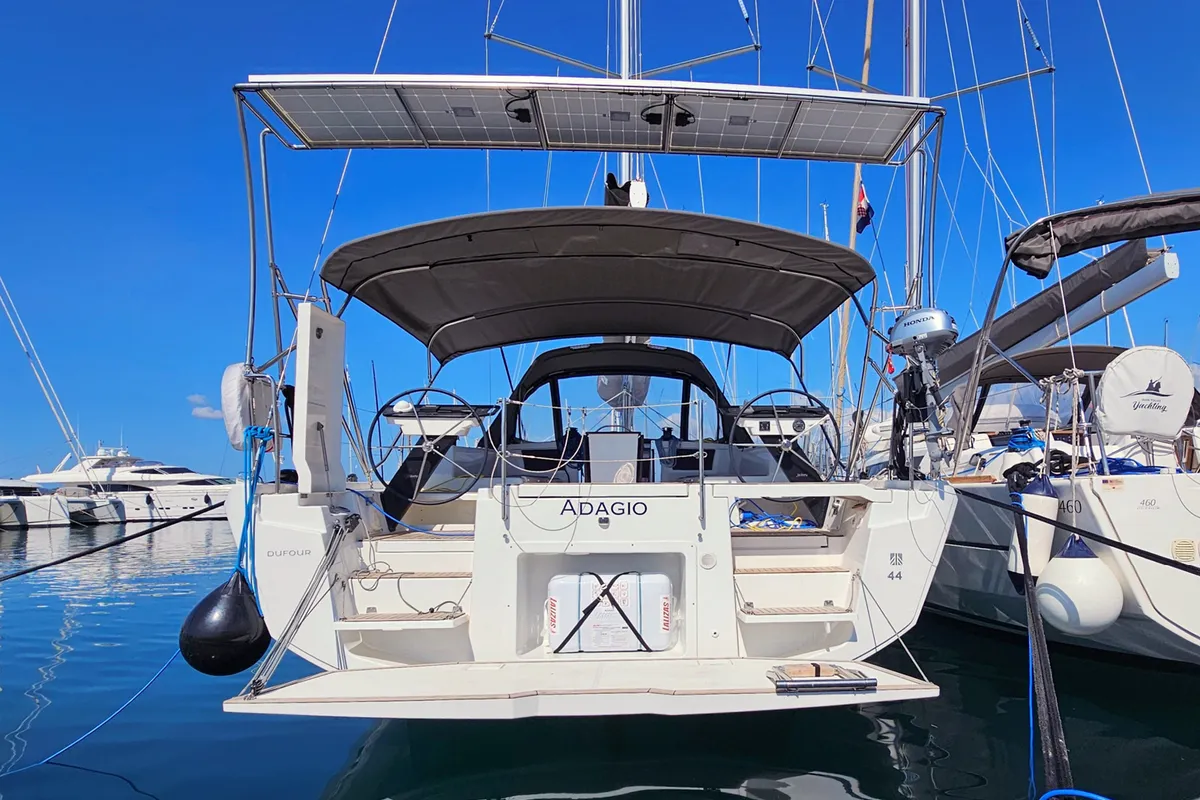 Deck of Adagio, a Dufour 44 sailboat at Grad Kaštela, Croatia