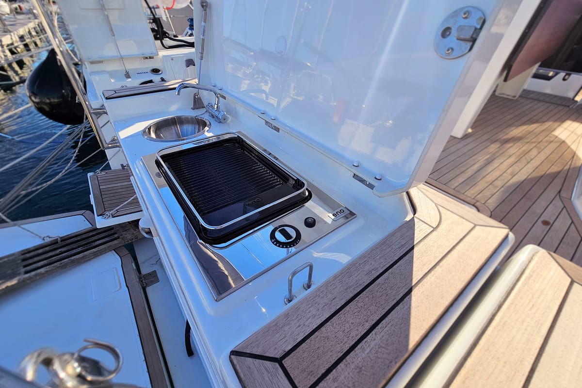 Deck of Adagio, a Dufour 44 sailboat at Grad Kaštela, Croatia