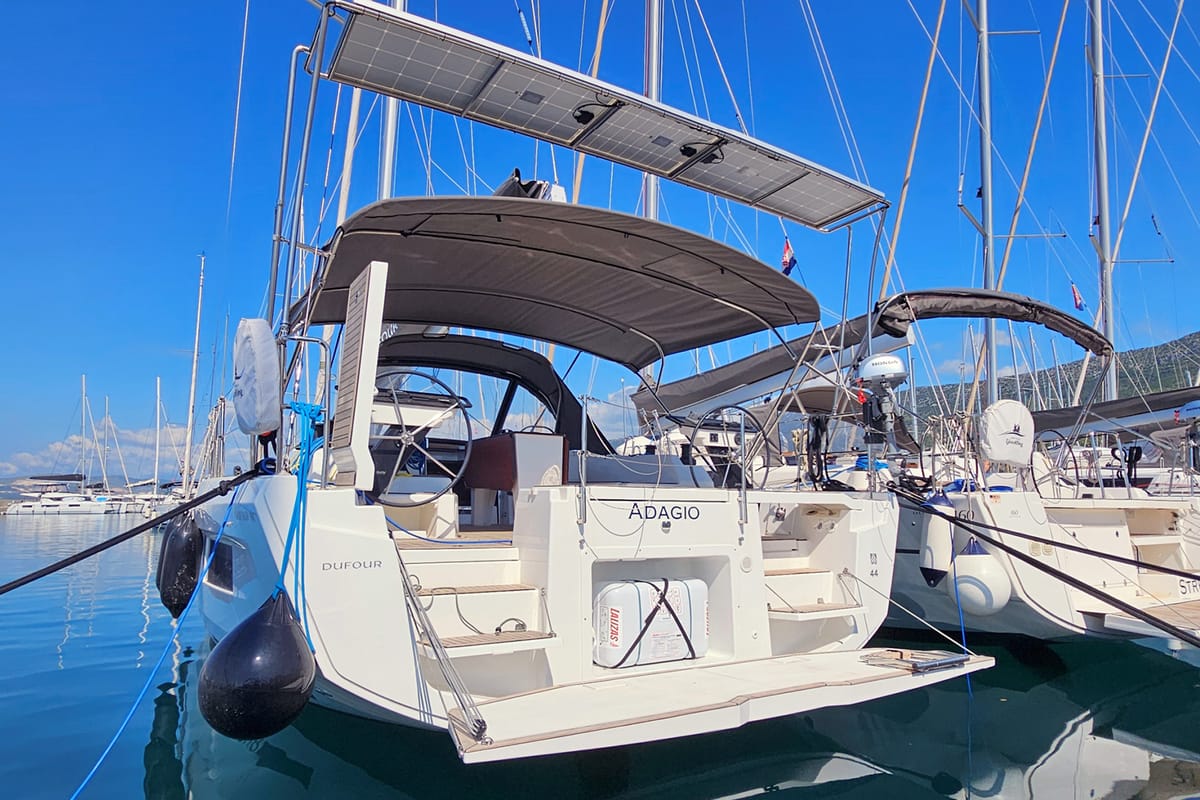 Exterior view of Adagio, a Dufour 44 sailboat at Grad Kaštela, Croatia