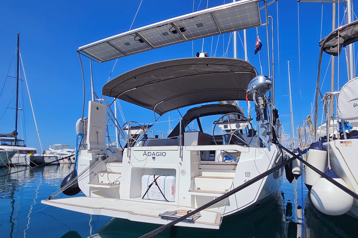Exterior view of Adagio, a Dufour 44 sailboat at Grad Kaštela, Croatia