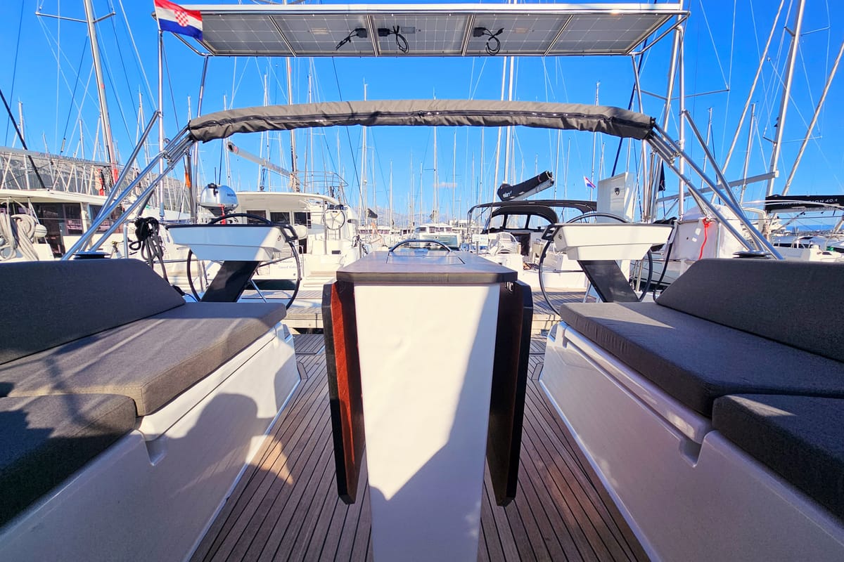 Deck of Adagio, a Dufour 44 sailboat at Grad Kaštela, Croatia