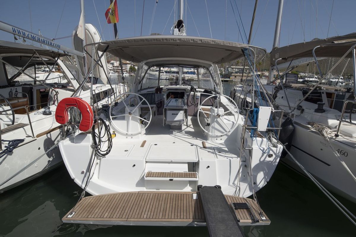 Exterior view of Passepartout, a Beneteau Oceanis 41.1 sailboat at Port de Pollença, Spain