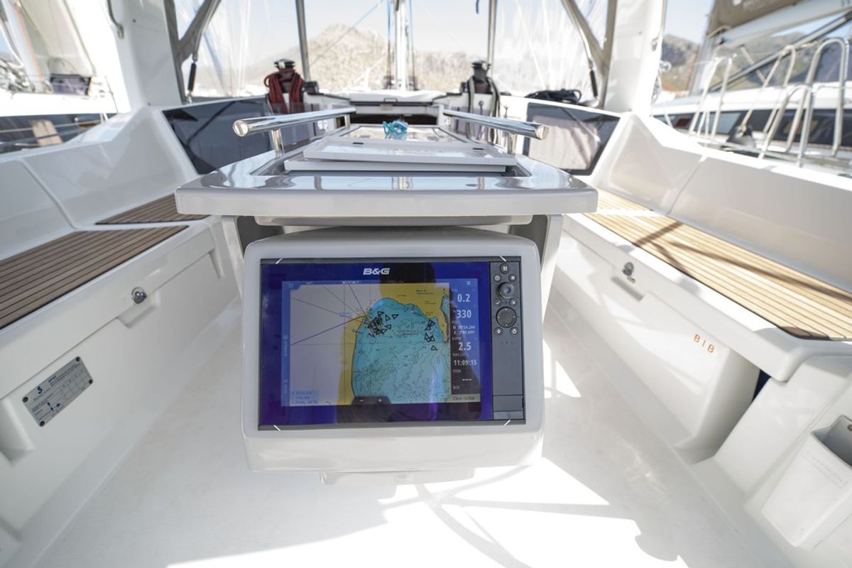Cockpit of Passepartout, a Beneteau Oceanis 41.1 sailboat at Port de Pollença, Spain