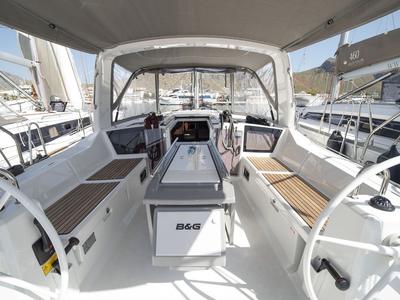 Cockpit of Passepartout, a Beneteau Oceanis 41.1 sailboat at Port de Pollença, Spain