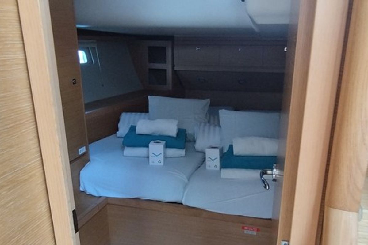 Cabin on Greenleaf, a Dufour 520 GL sailboat at Olbia, Italy