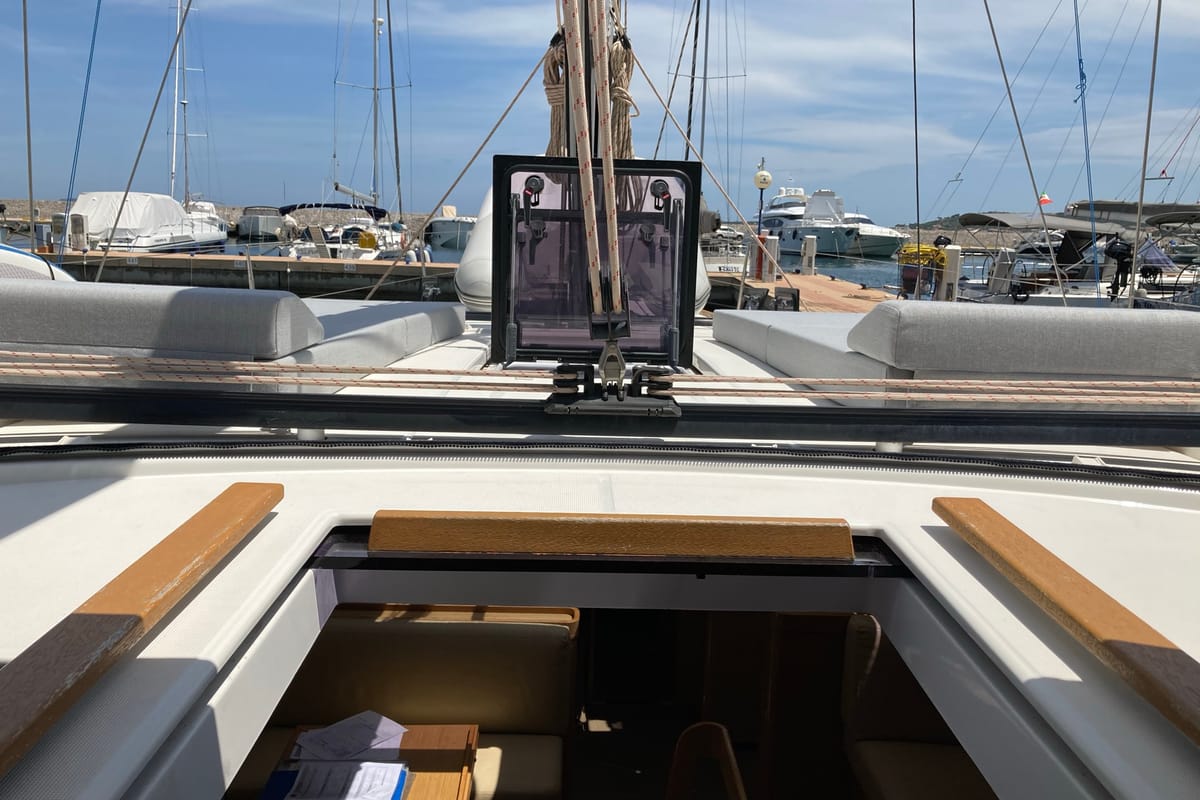 Deck of Greenleaf, a Dufour 520 GL sailboat at Olbia, Italy