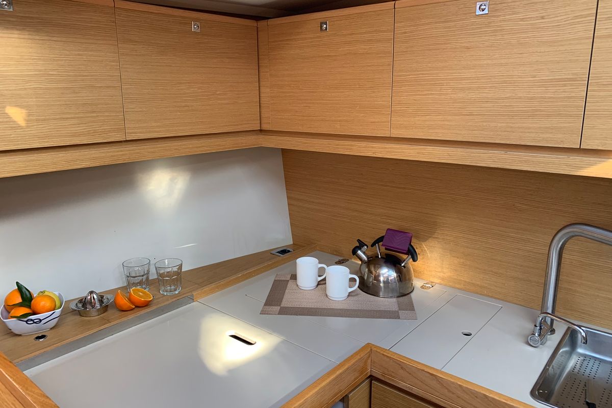 Galley of Greenleaf, a Dufour 520 GL sailboat at Olbia, Italy