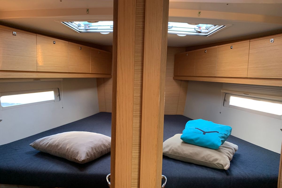Cabin on Greenleaf, a Dufour 520 GL sailboat at Olbia, Italy