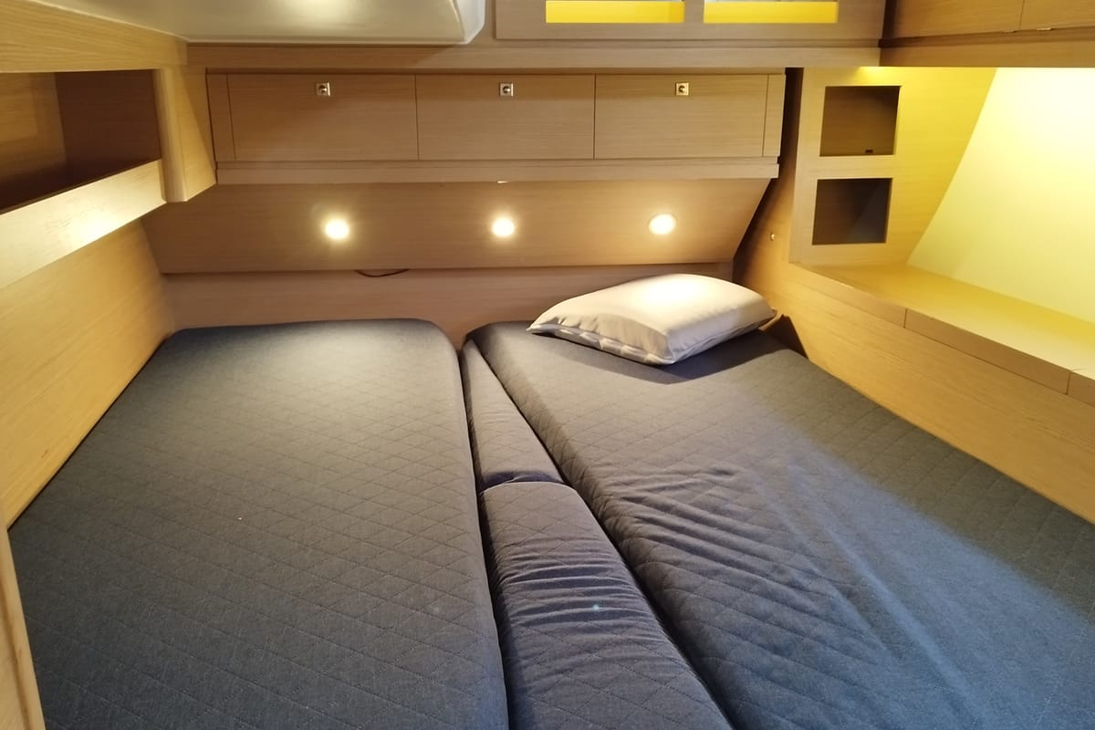 Cabin on Greenleaf, a Dufour 520 GL sailboat at Olbia, Italy