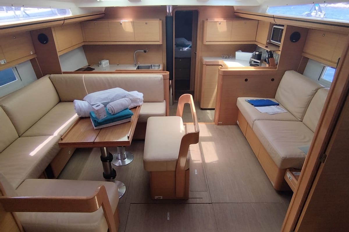 Salon of Greenleaf, a Dufour 520 GL sailboat at Olbia, Italy