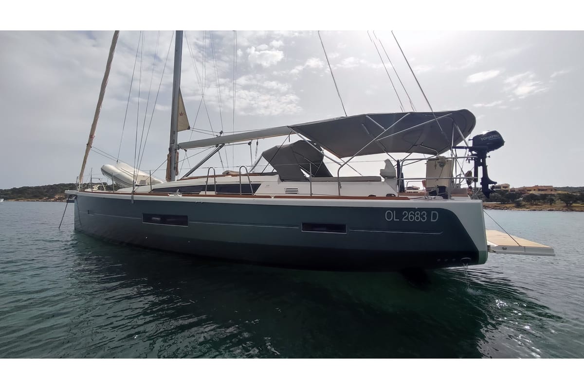 Exterior view of Greenleaf, a Dufour 520 GL sailboat at Olbia, Italy