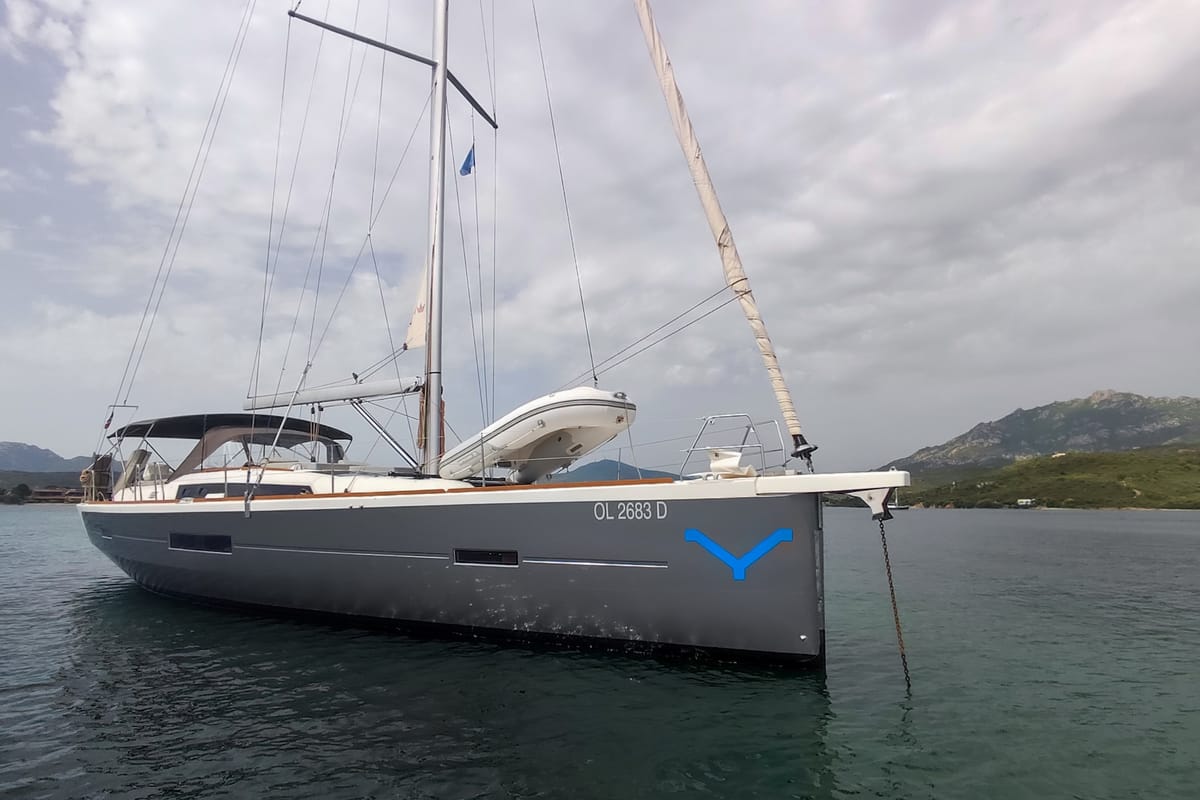 Exterior view of Greenleaf, a Dufour 520 GL sailboat at Olbia, Italy