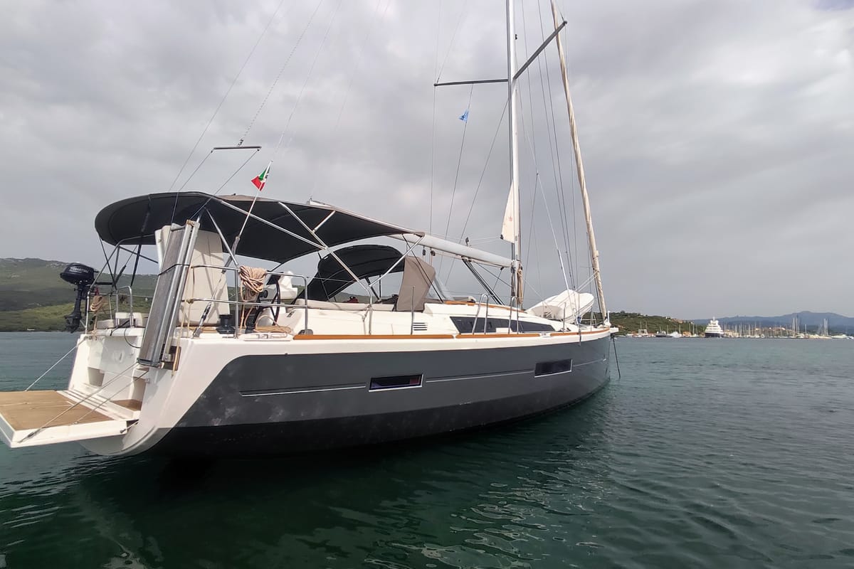 Exterior view of Greenleaf, a Dufour 520 GL sailboat at Olbia, Italy