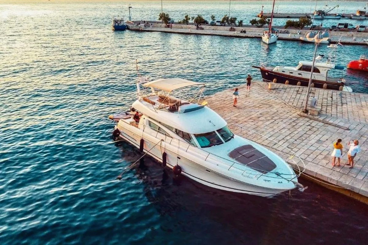Exterior view of UNPLUGGED, a Prestige 46 Fly motorboat at Split, Croatia