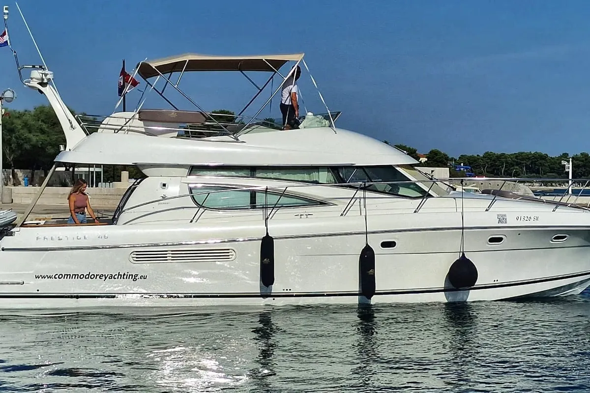 Exterior view of UNPLUGGED, a Prestige 46 Fly motorboat at Split, Croatia