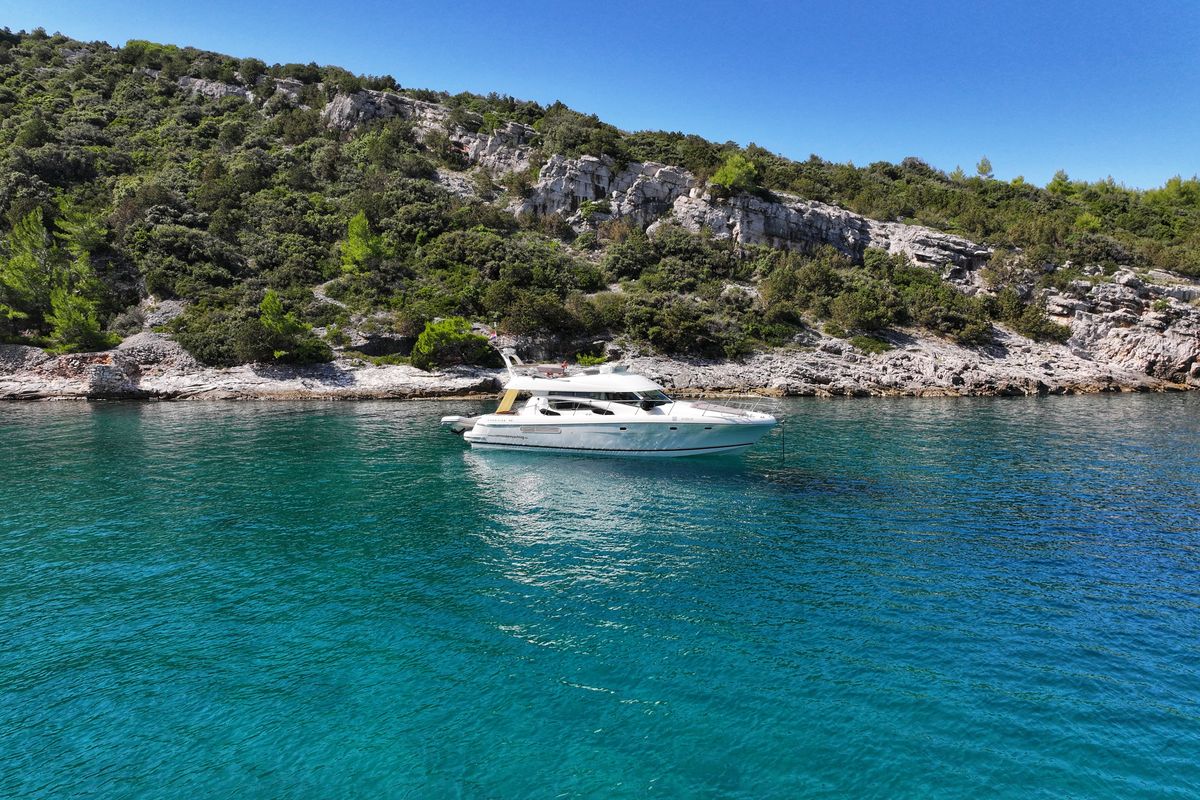 Exterior view of UNPLUGGED, a Prestige 46 Fly motorboat at Split, Croatia