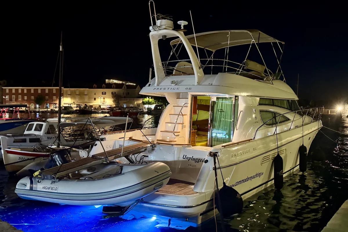 Exterior view of UNPLUGGED, a Prestige 46 Fly motorboat at Split, Croatia
