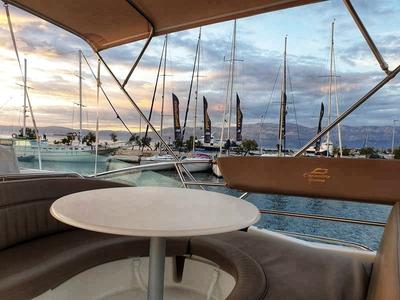 Deck of UNPLUGGED, a Prestige 46 Fly motorboat at Split, Croatia