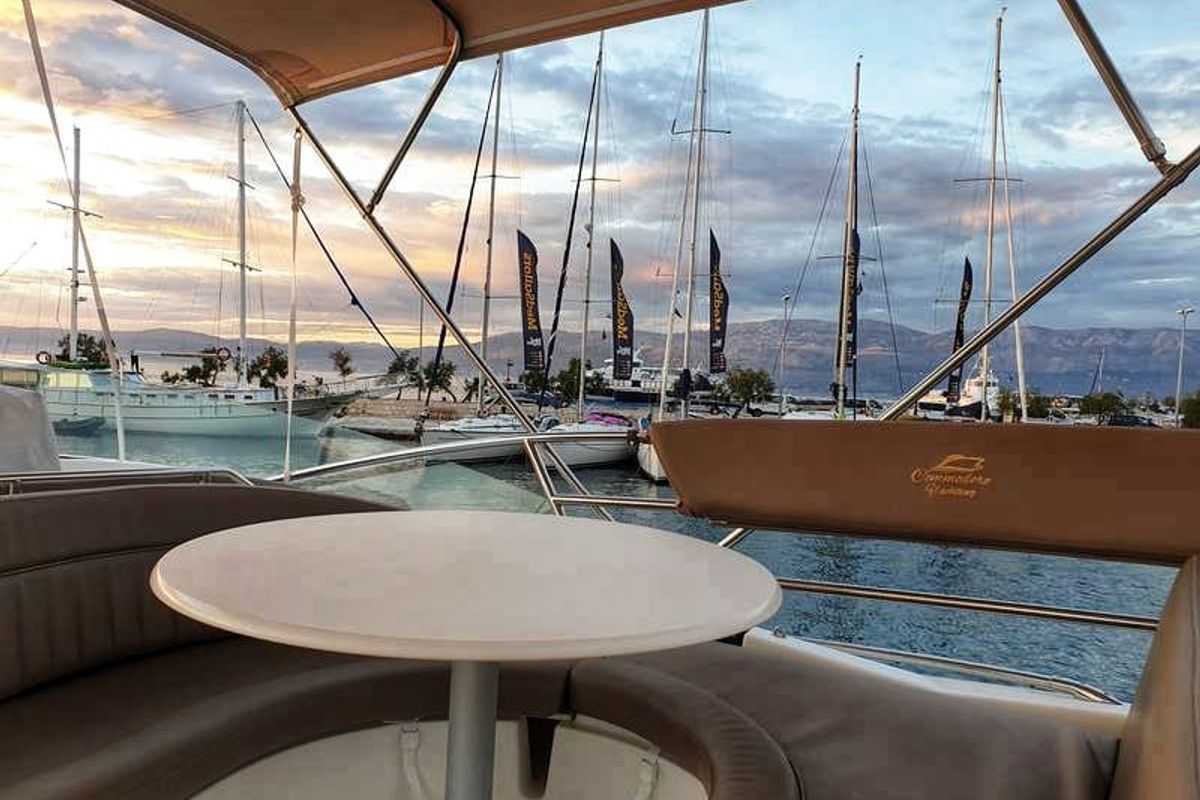 Deck of UNPLUGGED, a Prestige 46 Fly motorboat at Split, Croatia