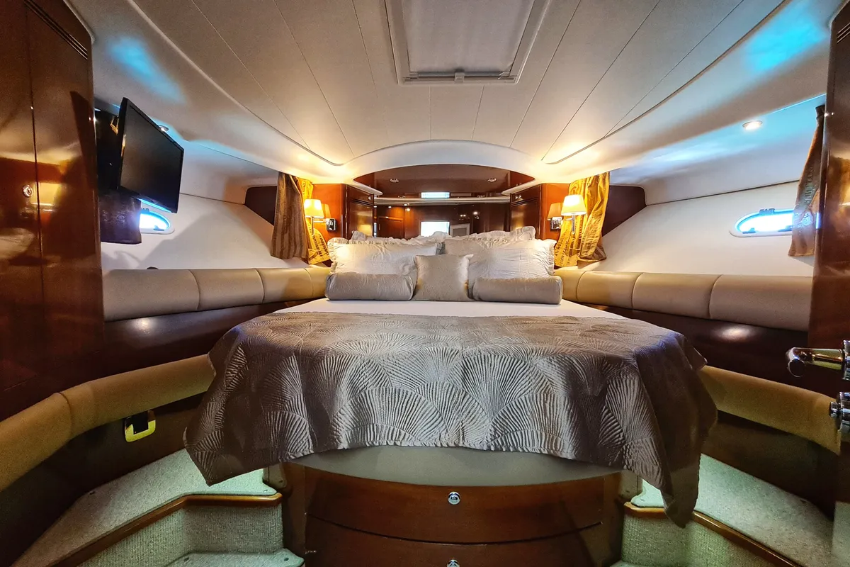 Cabin on UNPLUGGED, a Prestige 46 Fly motorboat at Split, Croatia