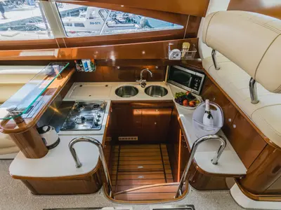 Galley of UNPLUGGED, a Prestige 46 Fly motorboat at Split, Croatia