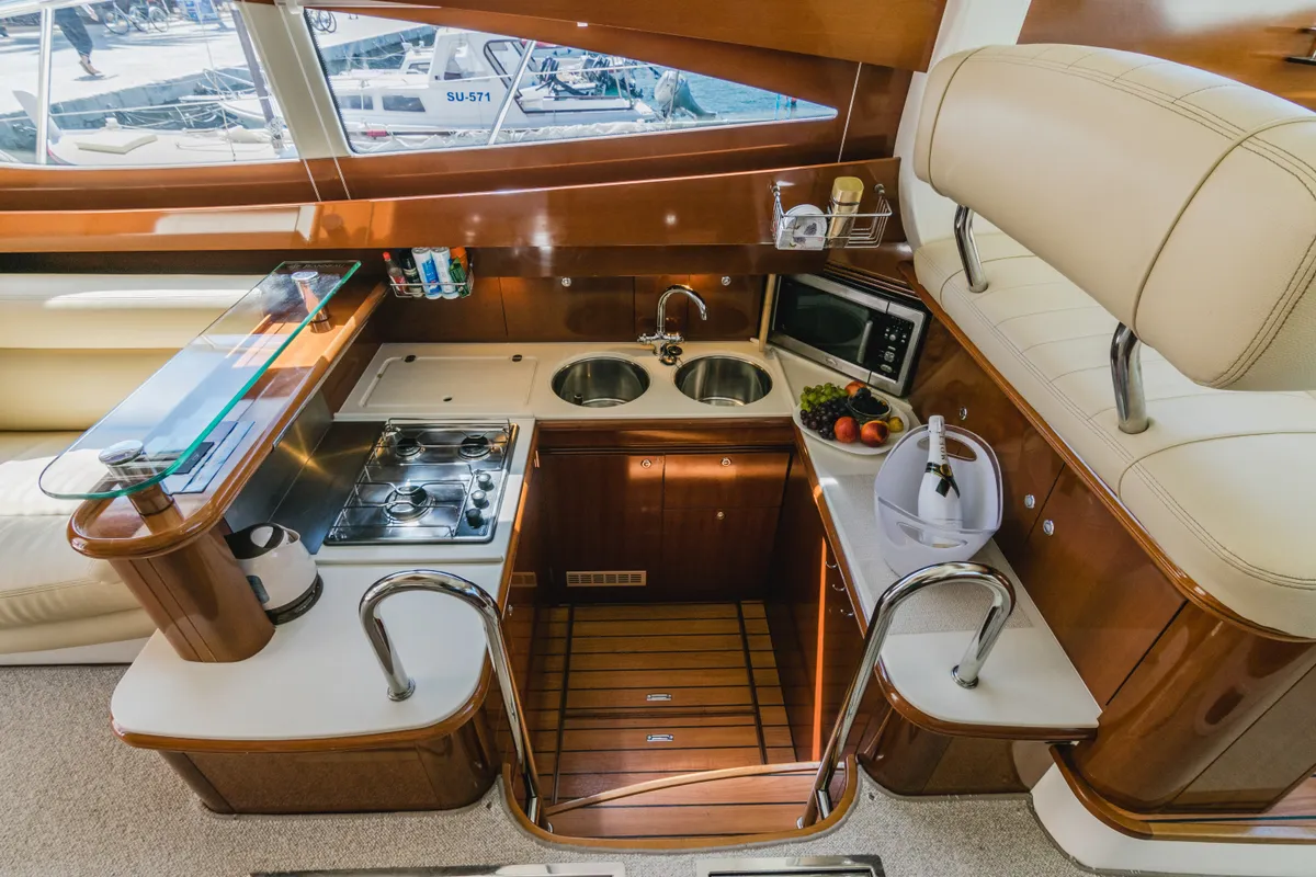 Galley of UNPLUGGED, a Prestige 46 Fly motorboat at Split, Croatia