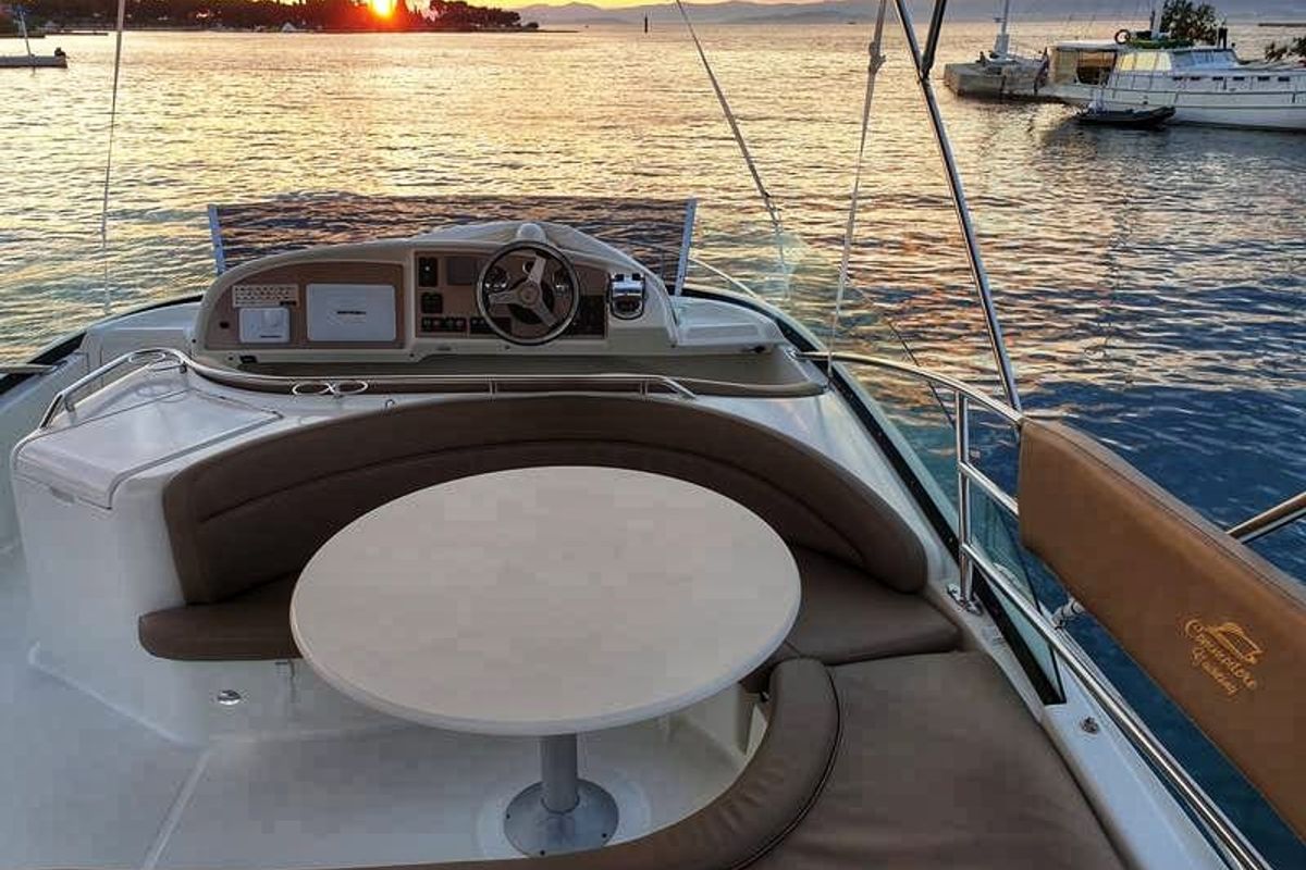 Deck of UNPLUGGED, a Prestige 46 Fly motorboat at Split, Croatia
